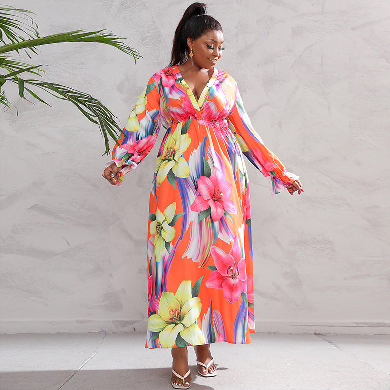 👗 Robe Grande Taille Femme – Manches Longues & Impression Numérique