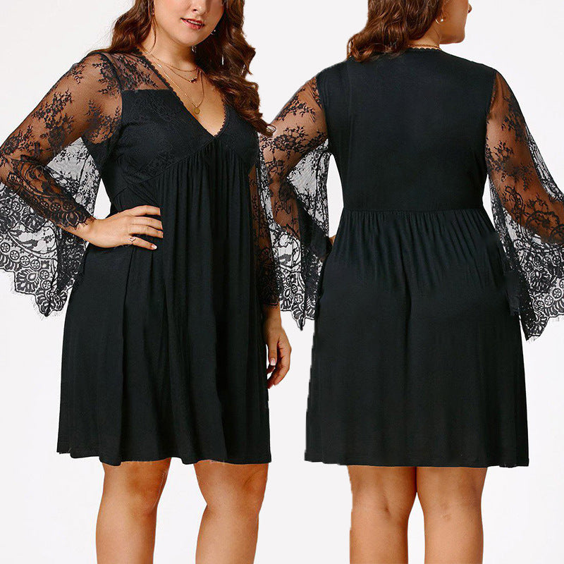 👗 Robe Longue Grande Taille – Dentelle Patchwork & Manches Longues