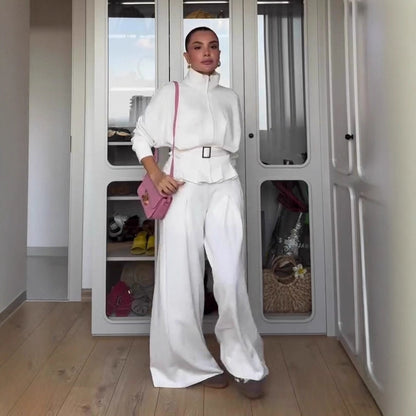 👖 Ensemble Femme Col Polo & Pantalon Large Taille Haute | XL-Charmes