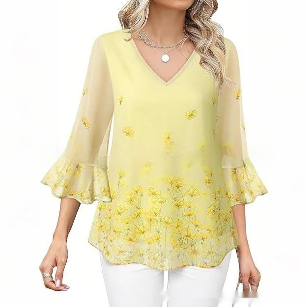 👚 Haut Décontracté Femme – Manches 3/4 Plissées | XL-Charmes