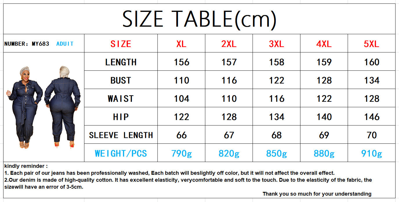 👖 Combinaison Longue en Denim Délavé – Grande Taille Femme