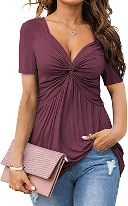👚 T-shirt Élegant Femme – Col en V, Torsadé & Manches Courtes | XL-Charmes