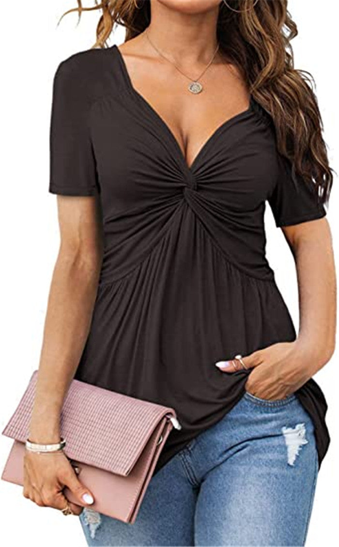👚 T-shirt Élegant Femme – Col en V, Torsadé & Manches Courtes | XL-Charmes