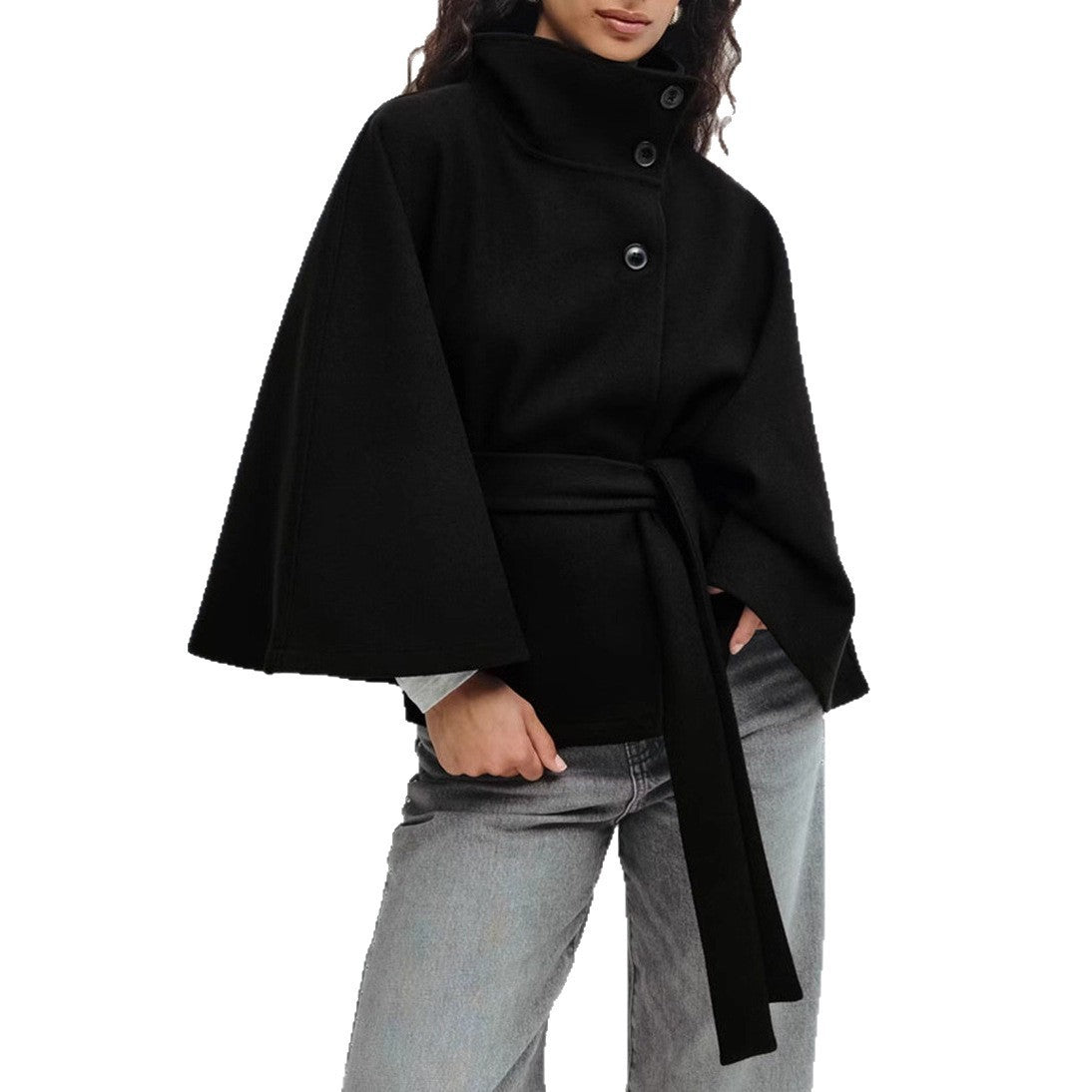 🧥 Manteau d’Hiver Femme – Col Montant, Manches Chauve-Souris & Ceinture