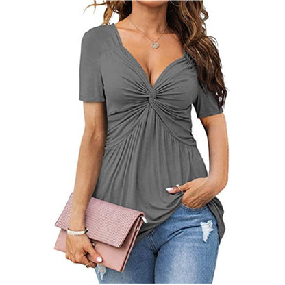 👚 T-shirt Élegant Femme – Col en V, Torsadé & Manches Courtes | XL-Charmes