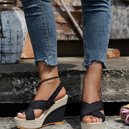 👡 Sandales Compensées Femme – Plateforme Denim Grande Taille Été 2024